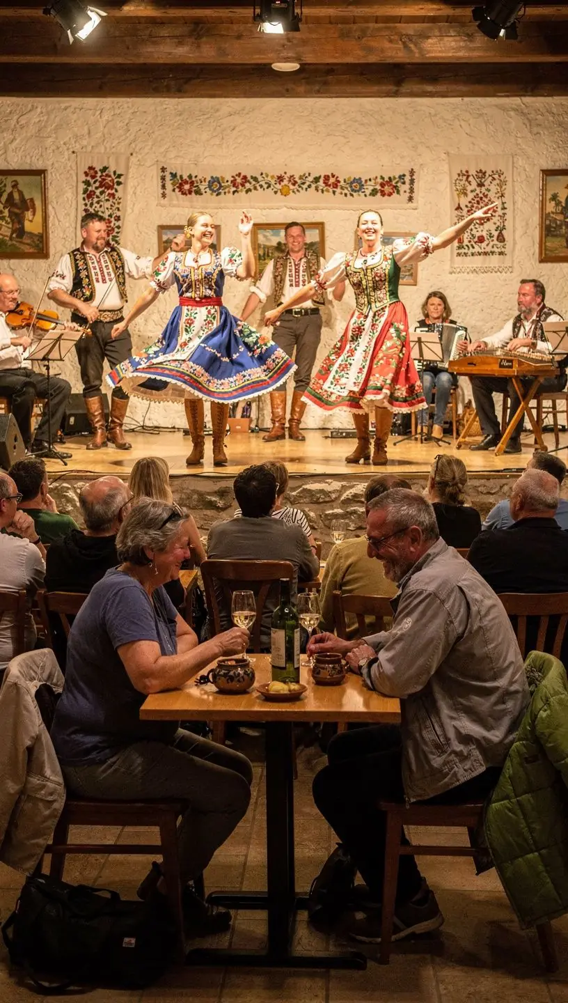 An exhibition hall filled with visitors admiring traditional Slovak folk art and crafts at a local museum.